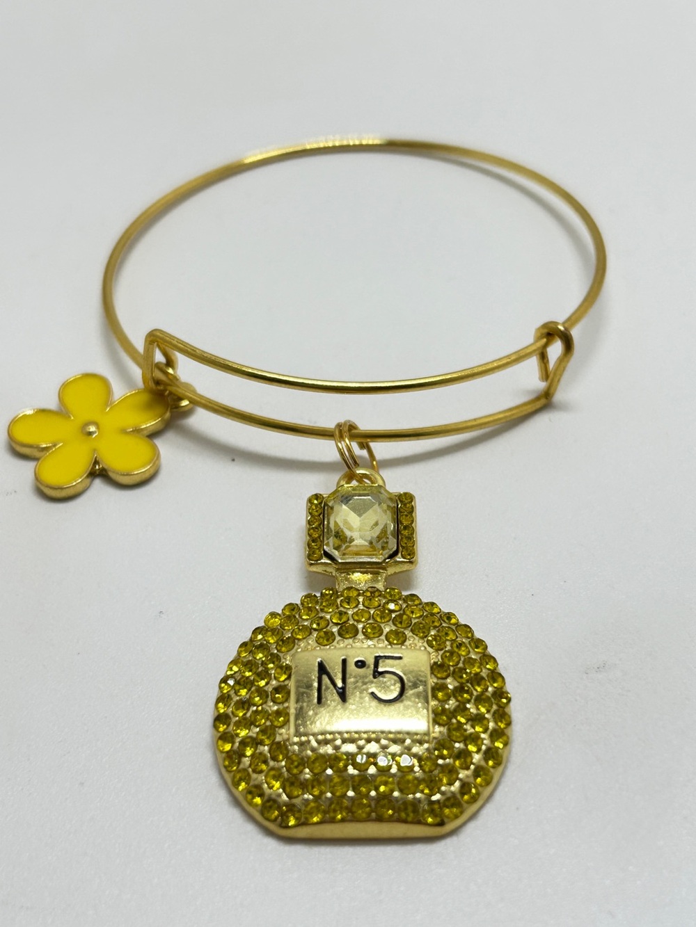 Gold Adjustable Bracelet  Yellow Crystal Parfum No. 5 Bottle And Flower Charms